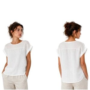 Bellambra Womens White 100% Linen Short Sleeve Cuffed Top Made in Italy Large